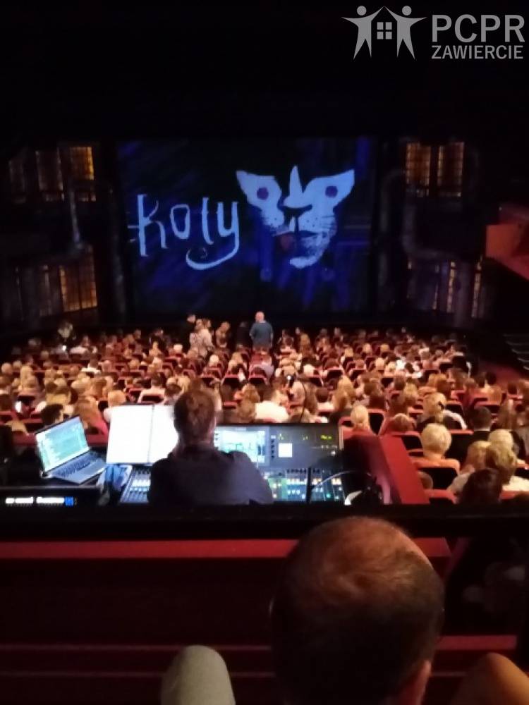 Zdjęcie: Widzowie na widowni teatru na tle afiszu musicalu "Koty"
